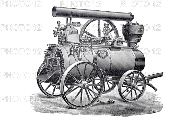 Agriculture, harvest, locomobile, a steam engine plant in closed design, in which all components necessary for the operation of the plant, firing, steam boiler, control and the entire drive unit are mounted on a common platform, by Wolf, Magdeburg, around 1860, digitally improved reproduction of a 19th century model, historical, exact date unknown