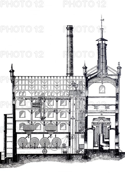 Malt production, pneumatic malting plant with germination drums, Maschinenfabrik Germania, Cheminit, around 1870, Germany, digitally improved reproduction of a 19th century model, historical, exact date unknown