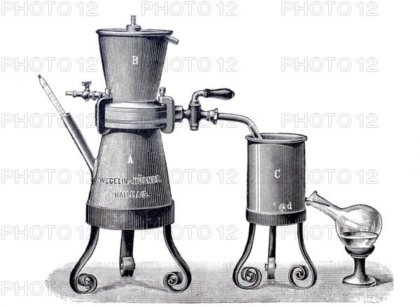 Perfumery, extremity apparatus with template for the recovery of the solvent, by Wegelin & HÃ¼bner, around 1870, digitally improved reproduction of a 19th century template, historical, exact date unknown