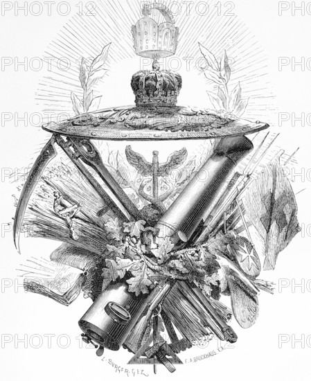 Symbolic picture of the history of Brandenburg and Prussia, royal crown, sign, cannon, scythe, grain, pitchfork, hammer, cross, sword, oak leaves, rifle, rays of light, book, historical illustration 19th century