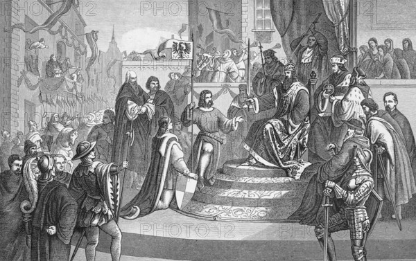 Elector Frederick's enfeoffment with the Margraviate of Brandenburg (1398) Father Frederick V, assembly, nobility, throne, sword, flags, cityscape, Middle Ages, knights, spectators, historical illustration 19th century