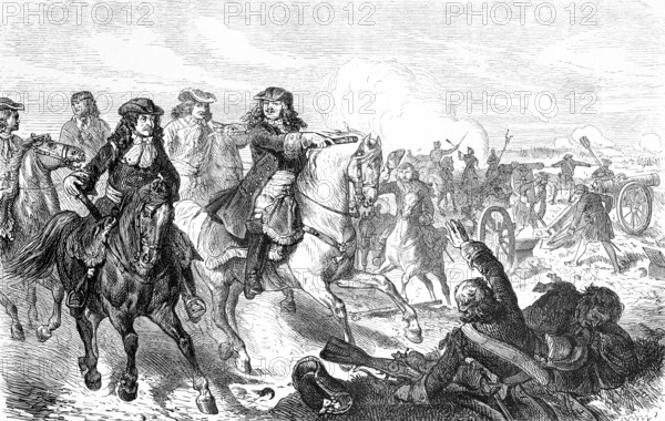 The victorious Great Elector Frederick William at the Battle of Fehrbellin (1675), Brandenburg's victory, defeat of the Swedes, leader of the army, horsemen, cannons, battle, commander, wounded, historical illustration 19th century