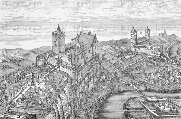 Rudelsburg (left) with outer bailey and curtain walls and Saaleck Castle (both 12th century) on the Saale, hilltop castle, ridge, two keeps, towers, historical illustration 19th century