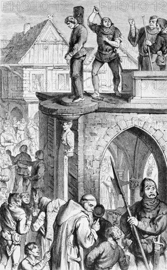 Exhibition on the pillory, kraaken, on the court house in Berlin 1380, punishment in the Middle Ages, whipping at the shame stake, spanking, perpetrators in chains, shackles, jurisdiction, public, citizens, spectators, men, woman, children, entertainment, guard, houses, Germany, historical illustration 19th century