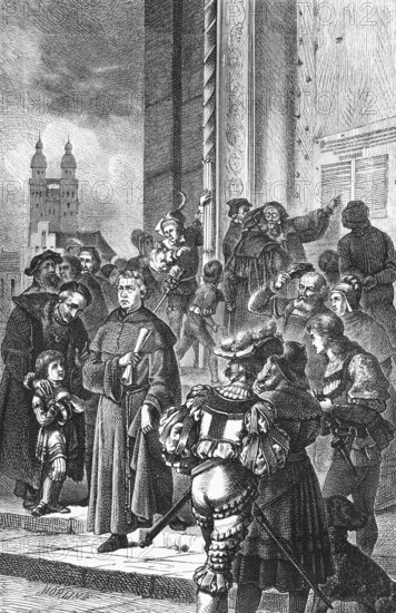Martin Luther proposes the 95 theses to the castle church in Wittenberg, October 31, 1517, 16th century, church reform, opponents of indulgences and trade in indulgences, crowd, steps, citizens, Luther with a roll of paper, historical illustration 19th century