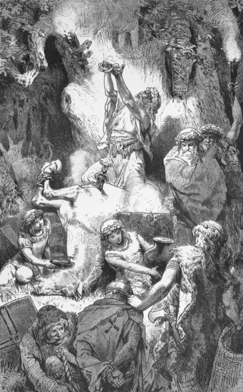 Sacrifice of the Prussians in sacred groves, the sacred forest, fantasy depiction from antiquity, wars, dead, life after death, water source, light, torch, vessels, dead horses, gods, nymphs, sky, historical illustration 19th century