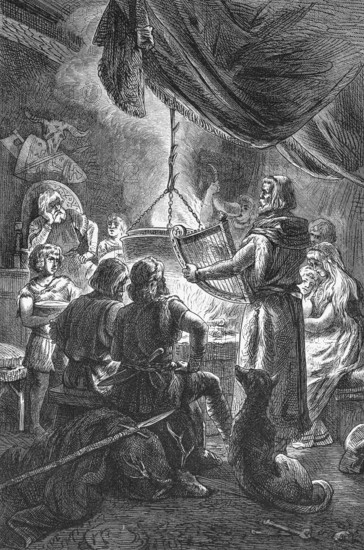 Singers of heroic songs at a meal, Nordic mythology, wall with antlers, shield and spear, eating, drinking from horn, festival, large pot over open fire, singer with harp, songs, stories, listeners, woman, men, children, dog, historical illustration 19th century