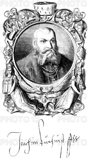 Portrait of Elector Joachim I (1484-1535) Hohenzollern, Margrave of Brandenburg, Archchamberlain of the Holy Roman Empire, ornamentation with Bible, historical illustration 19th century