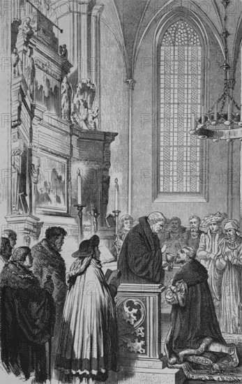 Joachim II (1505-1571) receives communion, in front of altar in church, on his knees, clergyman with chalice, blessing, churchgoers, candles, ornamentation, church window, chandelier, Hohenzollern, Margrave of Brandenburg, Archchamberlain of the Holy Roman Empire, historical illustration 19th century