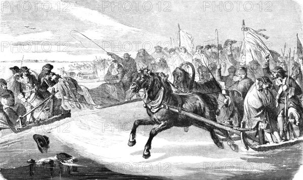The Great Elector Frederick William of Brandenburg crosses the lagoon, the Great Sleigh Ride 1679, end of the Northern War, winter, cold, horses, ice, snow, waving flags, army, soldiers, crossing, Curonian Lagoon, Prussia, historical illustration 19th century