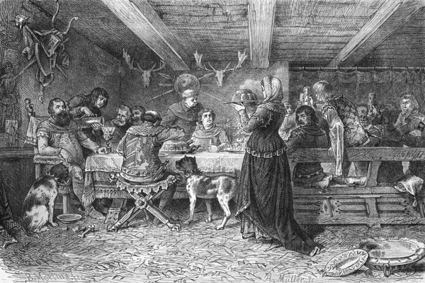 The Bavarians in the Mark, eating in the hall, table set with many people, noblemen at the end of the table, Bavarian compatriots cheering, fried poultry on the table, maid bringing in steaming food, fun, banquet, fat meal, drinks, bowls, priest, wooden ceiling, antlers on the wall, bones on floor, dogs with necklace, historical illustration 19th century