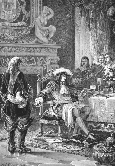 William III of Orange (1659-1702) receives the envoys of the nobility who favoured him, castle, interior, life in luxury, ceremonial hall, disgruntled king sitting in an armchair at the dining table, scowl, reading the envoy's letter, laid table, fruit bowl, valuable furnishings, open fireplace, historical illustration 19th century