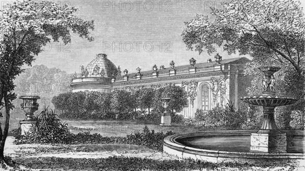 Sanssouci Palace with Park, Summer Residence of the Kings of Prussia, Potsdam, UNESCO World Heritage Site, Architecture, Dome, Sculptures, Garden Front, Fountain, Brandenburg, 19th century Historical Illustration