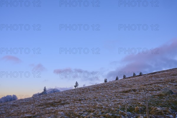 Hill scene with clear evening sky, calm and minimalistic, winter, Route de Cretes, Hohneck, La Bresse, Vosges, France
