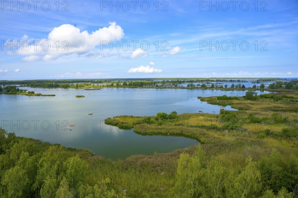 View of a green lagoon in the Gulf of Bothnia from the Saltkaret Norra Vallgrund observation tower with clear sky and scattered clouds, Svedjehamn, Kvarken Archipelago, Finland