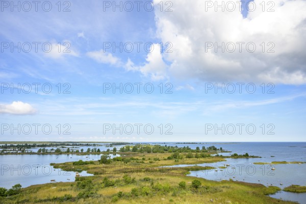 Panoramic view of a seascape of the Gulf of Bothnia Baltic Sea from the Saltkaret Norra Vallgrund observation tower, with islands and slightly cloudy sky, Svedjehamn, Kvarken Archipelago, Finland