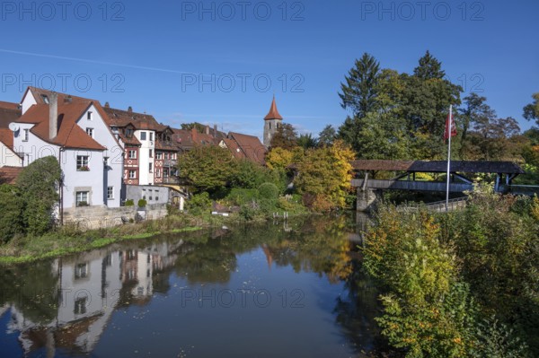 Old town houses located on the Pegnitz, on the right the bridge to Wenzelburg, Kaiserburg, Lauf an der Pegnitz, Middle Franconia, Bavaria, Germany