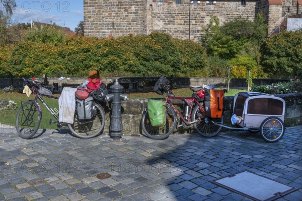 Parked bikes during a family bike tour, Lauf an der Pegnitz, Mittelfranklen, Bavaria, Germany