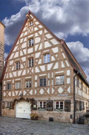 Historic half-timbered house from 1799, today restaurant and apartments, Hersbruckerstr. 1, Lauf an der Pegnitz, Middle Franconia, Bavaria, Germany
