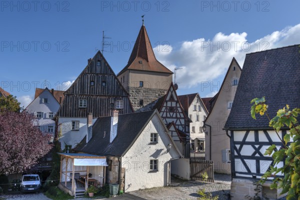 Old town houses with the tower of the Hersbrucker Stadttor, seen from the former city wall, Lauf an der Pegnitz, Middle Franconia, Bavaria, Germany