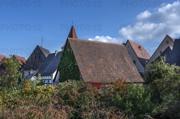 Old town gable seen from the former city wall, Lauf an der Pegnitz, Middle Franconia, Bavaria, Germany