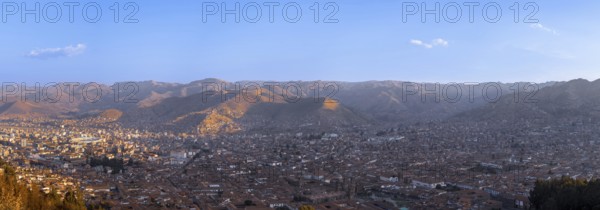 Peru. White Jesus Christ lookout, scenic panoramic view of Cusco from Christo Blanco viewpoint