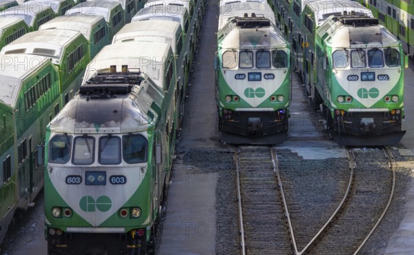 Toronto, Ontario, Canada-June 2, 2025: Toronto Go Train arriving at a platform at Union station terminal