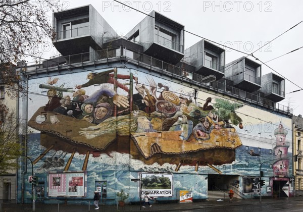 Bilker Bunker, heritage-protected bunker with the wall painting Time Travelers, today a multifunctional art and cultural space, Düsseldorf, Germany
