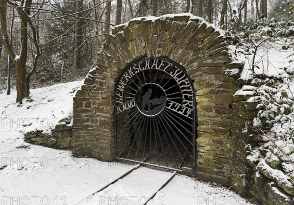 Mundloch or Stollenmundloch of the former Jupiter colliery in winter, Muttental mining hiking trail, Witten, Ruhr area, North Rhine-Westphalia, Germany