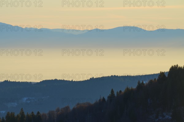 Foggy mountains and calm atmosphere, sunrise, view of the Rhine Valley, Hohneck, La Bresse, Vosges, France