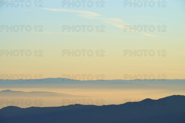 Wide mountain landscape in soft morning light and quiet atmosphere, view of the Rhine Valley, Hohneck, La Bresse, Vosges, France