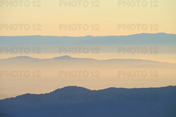Gentle mountain silhouettes in morning haze with warm sunlight, looking towards the Rhine Valley, Hohneck, La Bresse, Vosges, France
