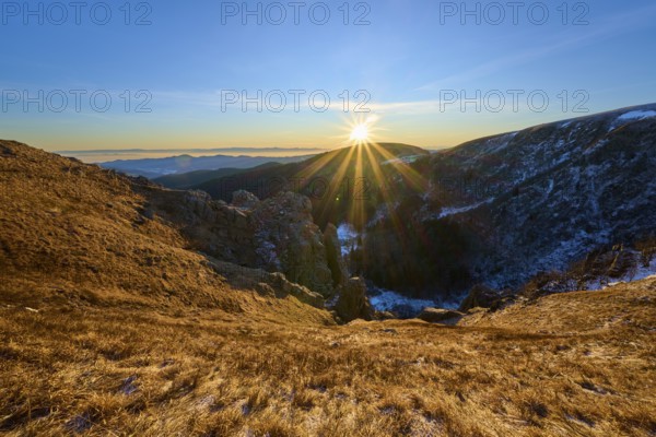 Strong sun rays over mountain landscape, clear blue and expanse, view of the Rhine Valley, Martinswand, Frankental, Vosges, France