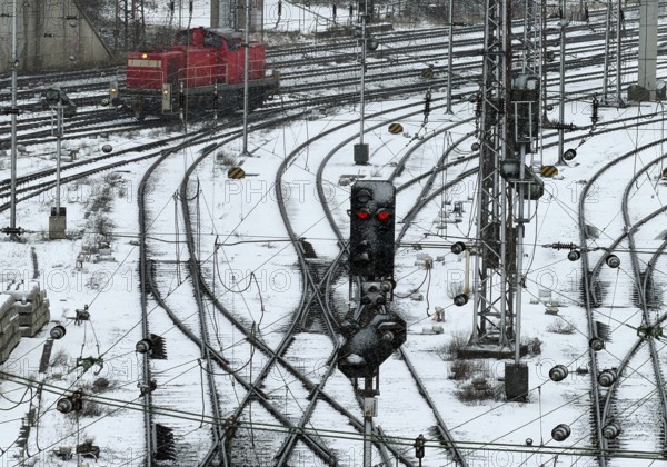Train formation facility in the Vorhalle district in winter, marshalling yard, freight trains, infrastructure, Hagen, Ruhr area, North Rhine-Westphalia, Germany