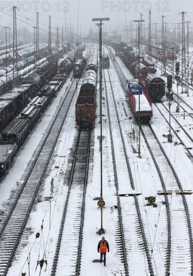 Train formation facility in the Vorhalle district in winter, marshalling yard, freight trains, infrastructure, Hagen, Ruhr area, North Rhine-Westphalia, Germany
