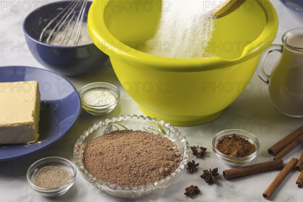 Sugar is emptied into dough bowl surrounded by baking ingredients