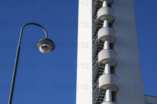 Street lamp, tower with external staircase, Olympic Stadium, architects Yrjö Lindegren and Toivo Jäntti, Helsinki, Finland