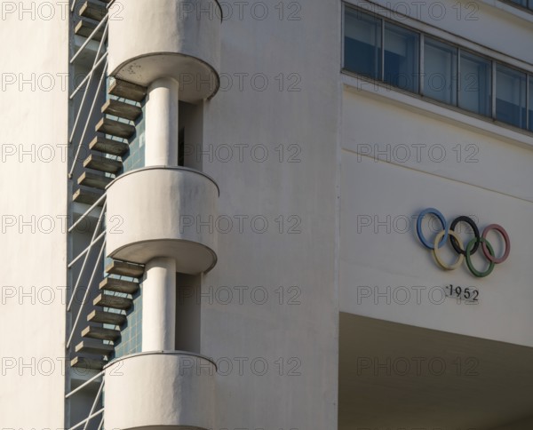 Olympic rings 1952, outdoor stairs, Olympic Stadium, architects Yrjö Lindegren and Toivo Jäntti, Helsinki, Finland