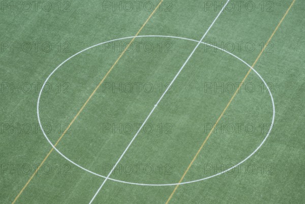 Bird's-eye view of soccer grass field with central circle, view from the tower of the Olympic Stadium in Helsinki, Finland