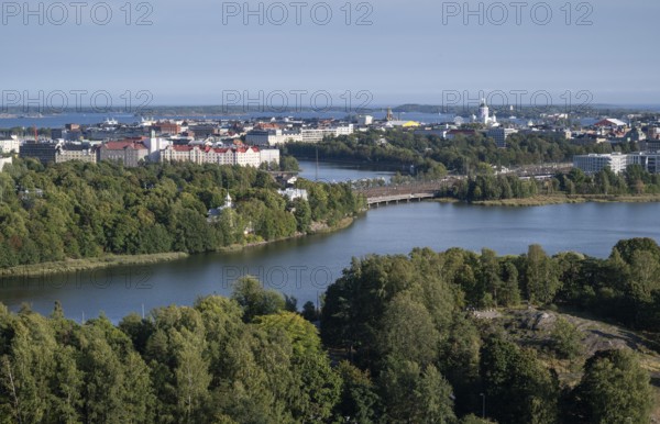 View from the Olympic Stadium tower over forest and lakes Töölönlahti and Eläintarhanlahti of downtown Helsinki, Finland