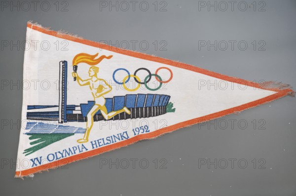 Runner with Olympic torch, Olympic rings, old flag or flag, 15th Olympic Games 1952, Olympic Stadium, Helsinki, Finland