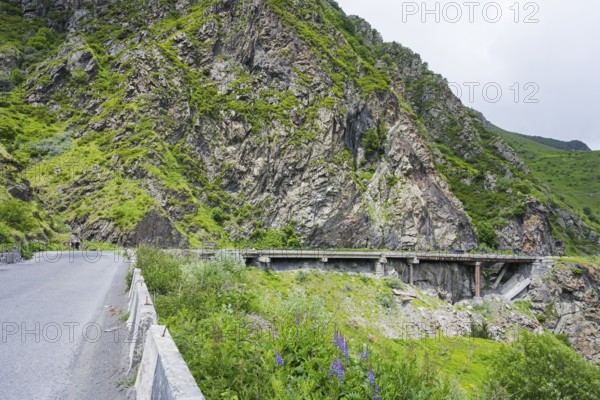 A road runs along steep rock faces, with a bridge and green vegetation, damaged concrete road patched with iron pipes, Kazbegi, Stepantsminda, Georgian Military Highway, Mtskheta-Mtianeti Province, High Caucasus, Georgia