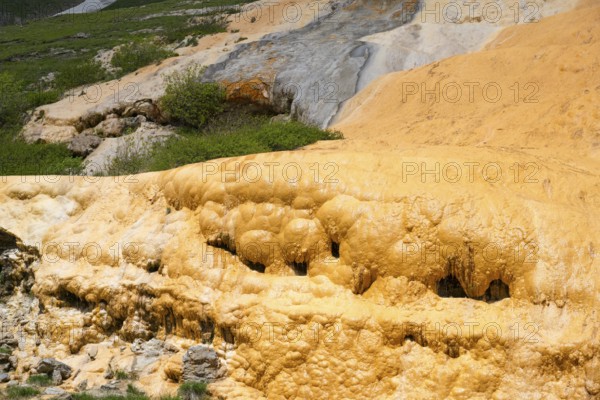 Close-up of an orange rock structure with surrounding vegetation and moss, Bidara travertine, Jvari Pass Trawertin natural monument, Cross Pass, Mtskheta-Mtianeti province, Georgia