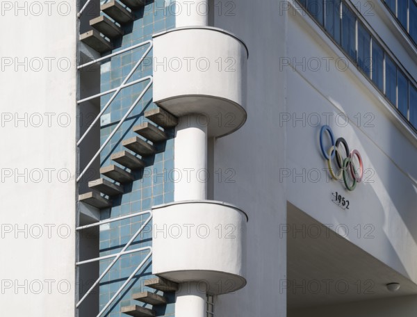 Staircase, tower and Olympic rings 1952, Olympic Stadium or Finnish Olympic Stadium, architects Yrjö Lindegren and Toivo Jäntti, Helsinki, Finland