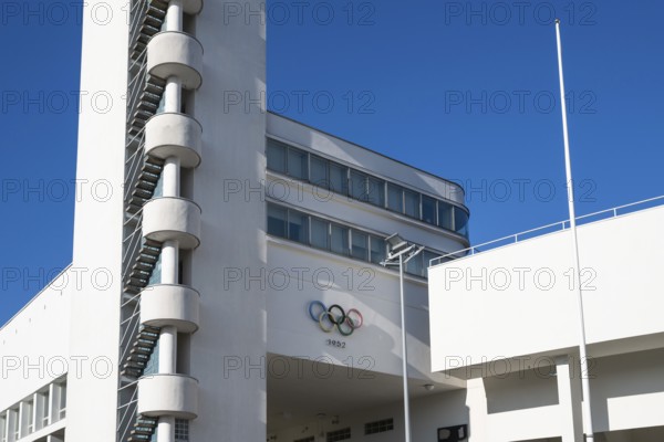 Stairway tower, Olympic rings 1952, Olympic Stadium or Finnish Olympic Stadium, architects Yrjö Lindegren and Toivo Jäntti, Helsinki, Finland