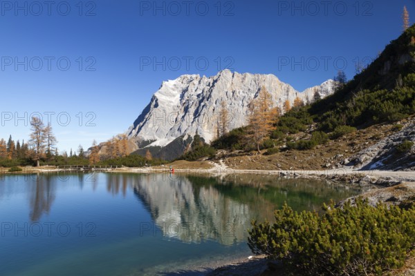Seebensee with Zugspitze and Wetterstein Mountains in autumn, Alps, Tyrol, Austria
