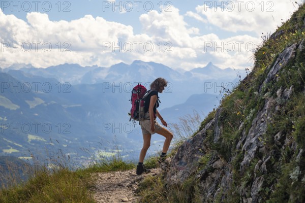 Woman, 50 years old, hiking on Untersberg, Salzburger Hausberg, Berchtesgadener Land, Upper Bavaria, Germany