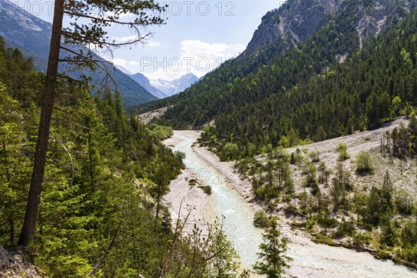Isar cycle path to the source of the Isar in the Hinterau Valley, upper reaches of the Isar, Karwendel, Alps, Tyrol, Austria