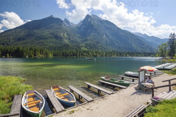 Hintersee with Schartenspitze and Wasserwandkopf, boat rental, Ramsau, Berchtesgadener Land, Upper Bavaria, Alps, Germany