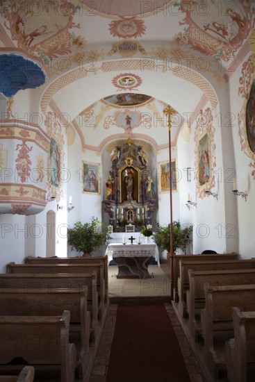 St. Johannisrain Catholic Church, interior with altar, Penzberg, Upper Bavaria, Germany